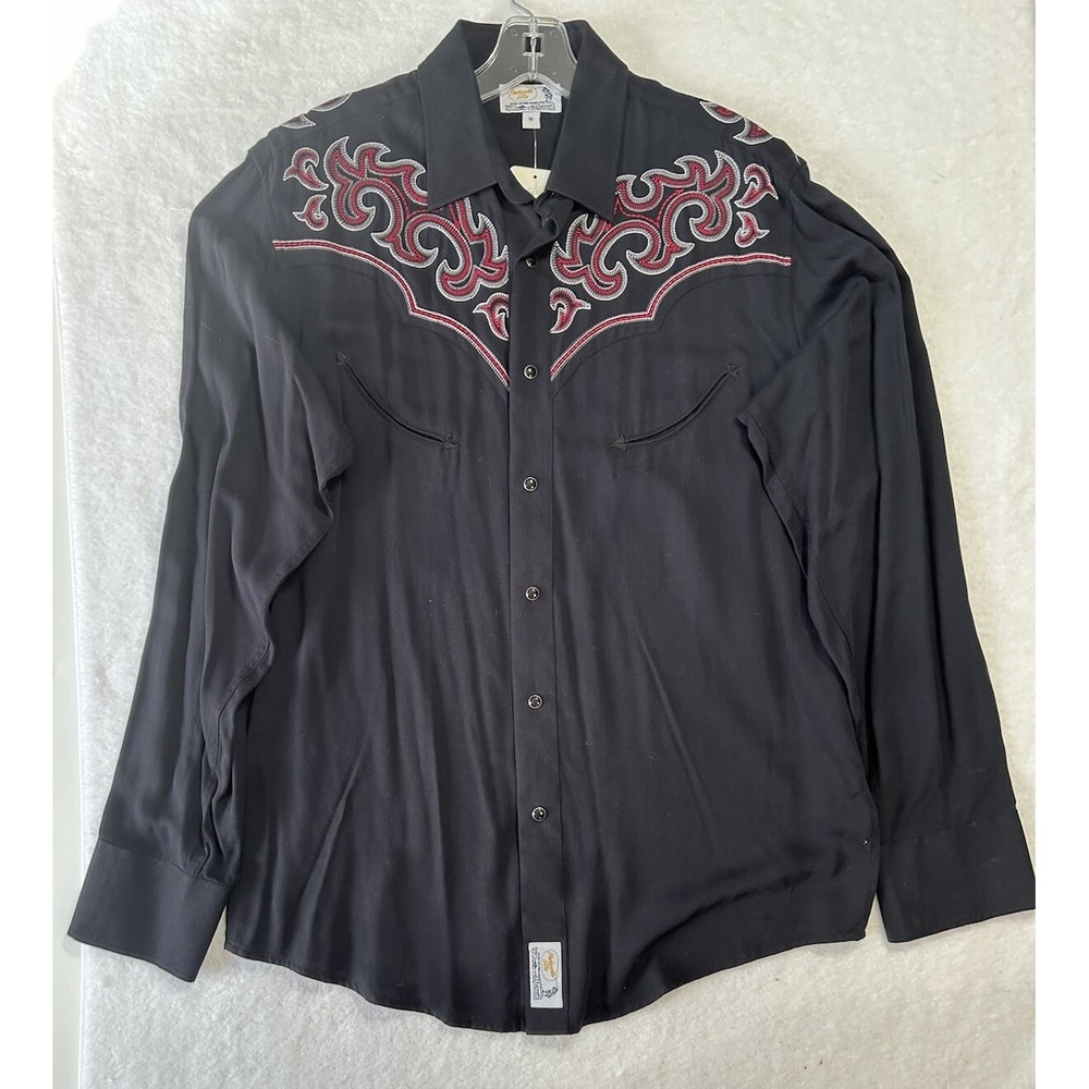 Panhandle Slim Womens Size M Black Red Embroidered Pearl Snap Rodeo Shirt (L4)